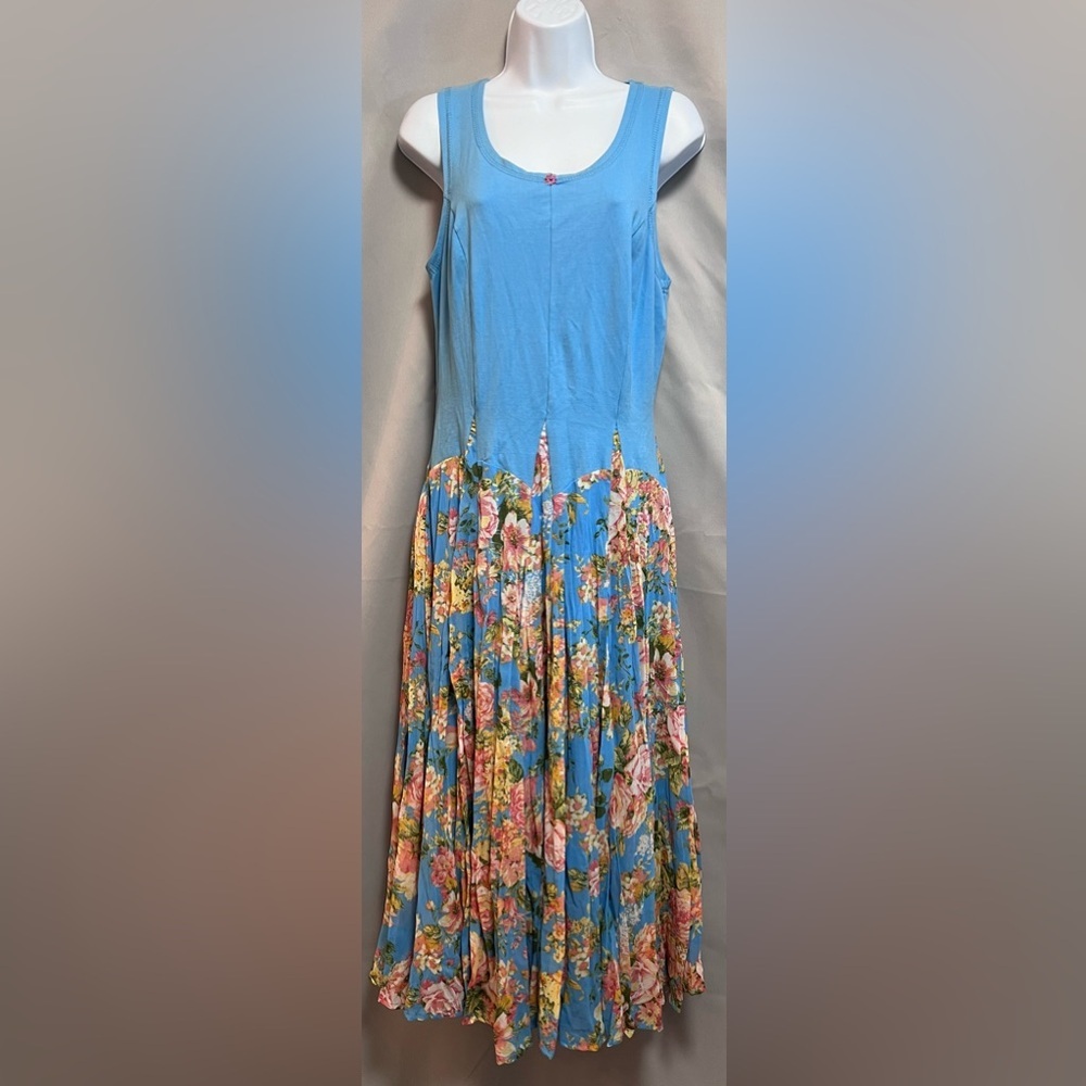 Vasna Drop Waist Midi w/ Tiered Option Dress Sleeveless Blue Floral Medium $99